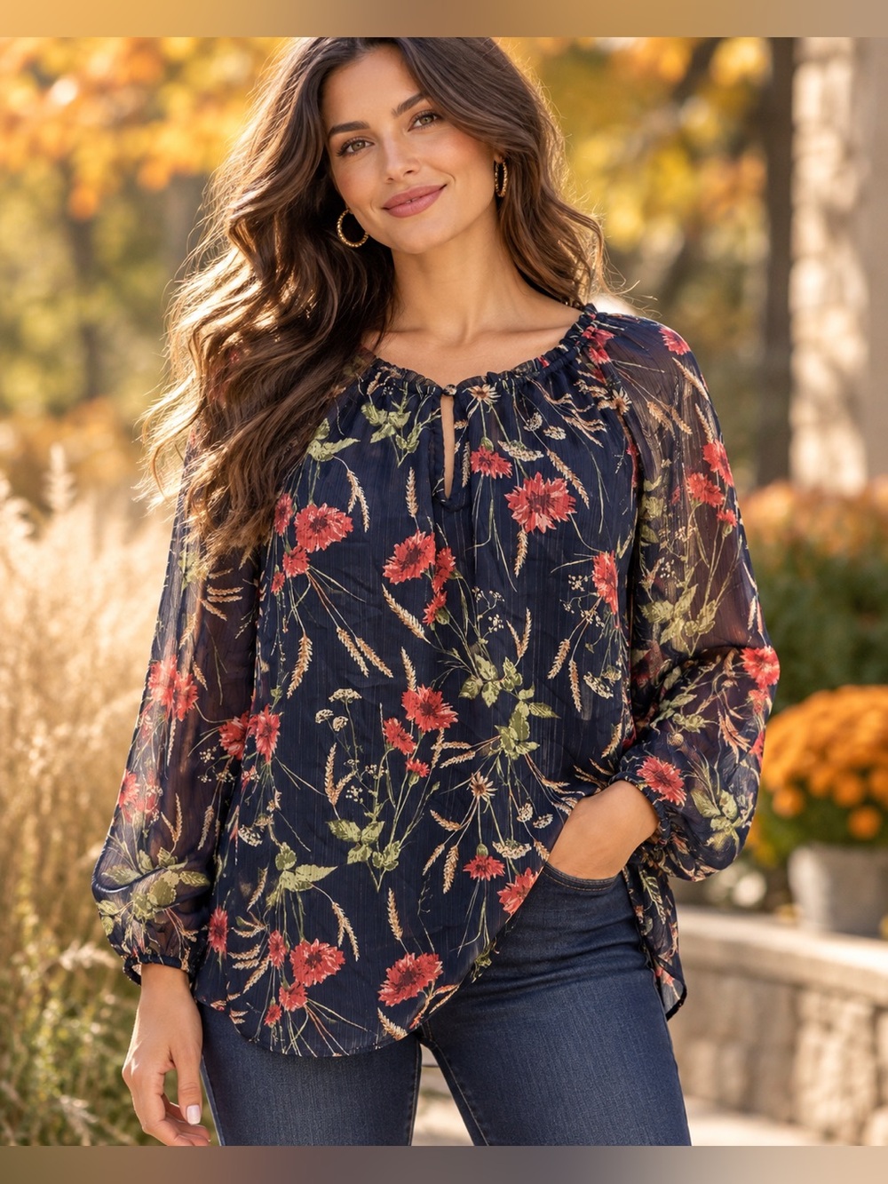 Lauren Conrad L Navy Floral Sheer Blouse Boho Autumn Fall Top